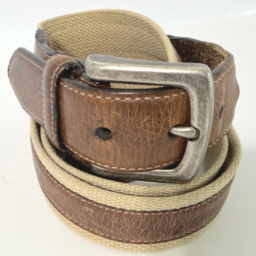 Columbia Mens Brown Leather Trim Cotton Webbing Belt Size 44 11C00331